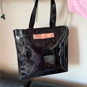 Ted Baker Black Patent Tote with Rose Gold Bow Accent